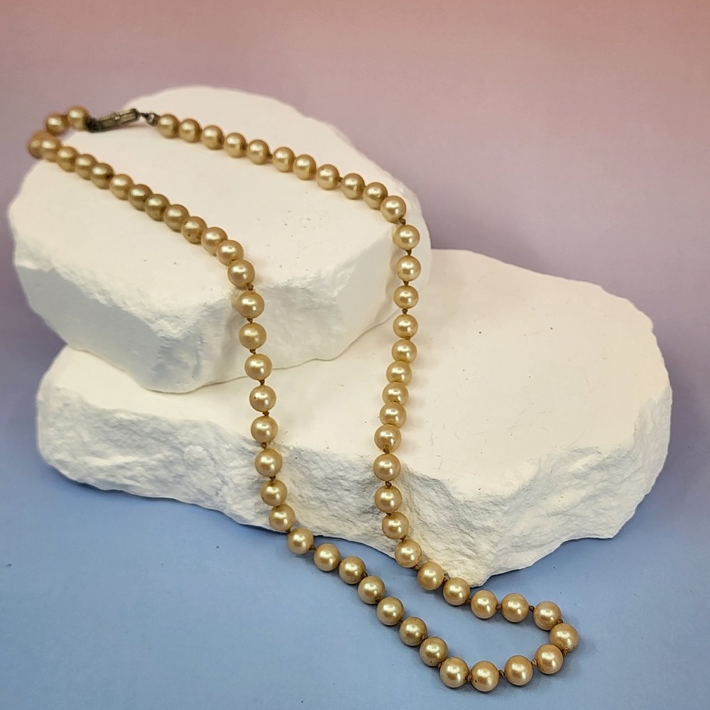 Vintage Faux Pearl Necklace Champagne Cream Knotted Beads Classic Statement Gift
